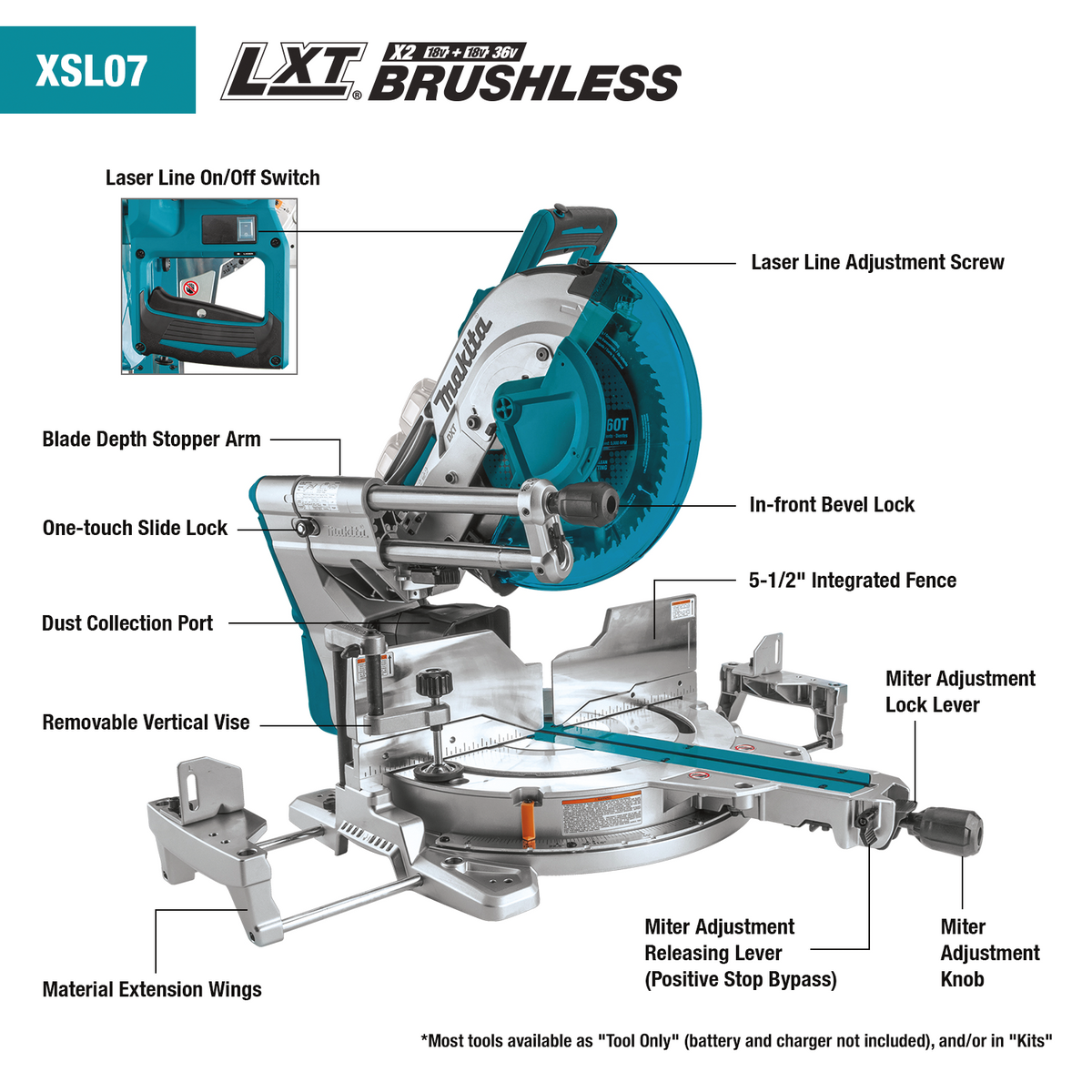 Makita 18V X2 LXT (36V) 12 in. Brushless Cordless Dual‑Bevel Sliding Compound Miter Saw with Laser, Tool‑Only