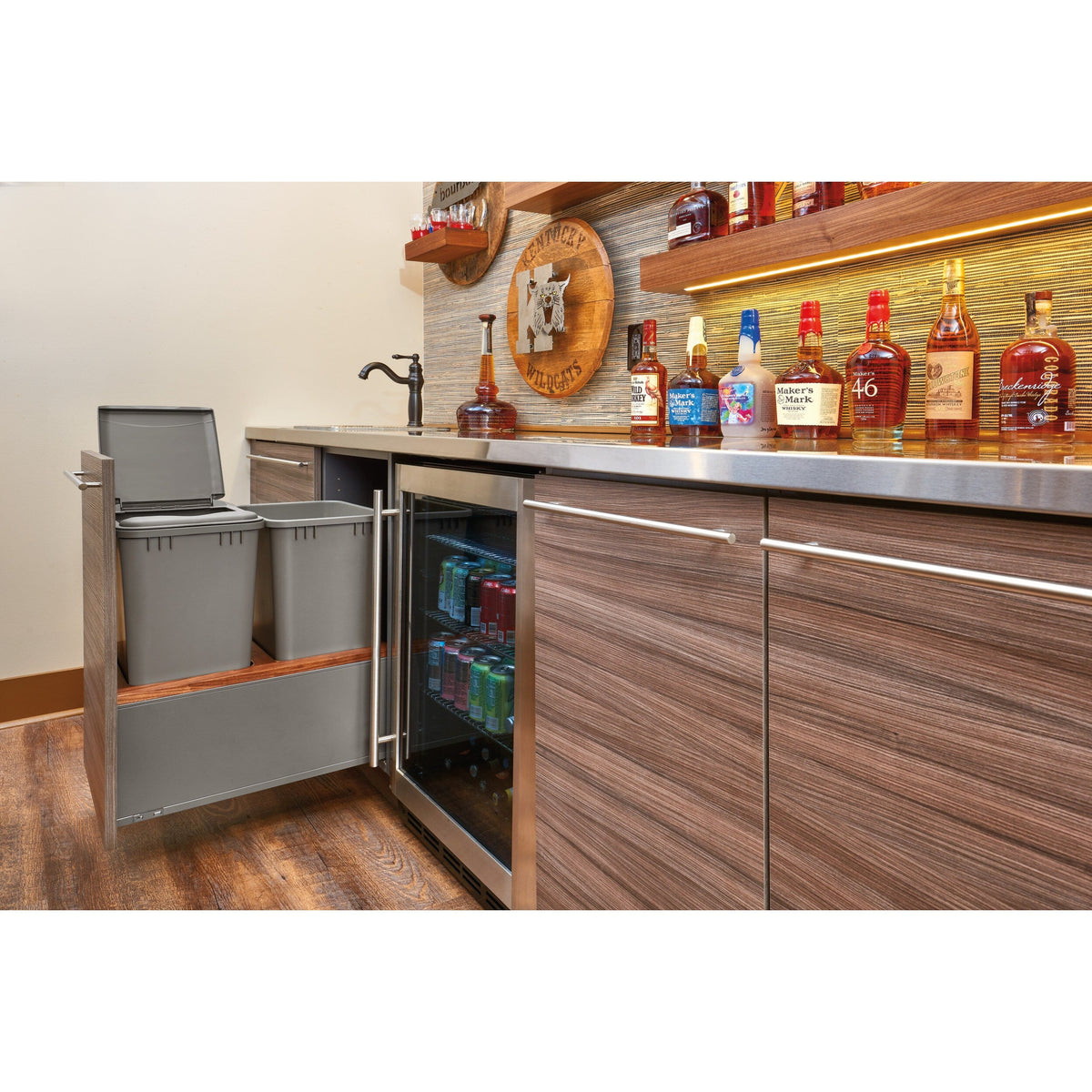 Rev-A-Shelf 30-Quart Plastic Soft-Close Pull-Out Trash Can, Single Bin with Walnut Accent