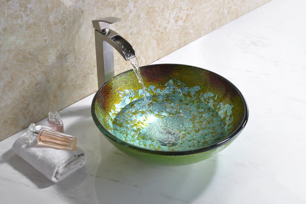 ANZZI Tara Deco-Glass Vessel Sink in Glacial Blaze, Round 16.5 in. x 5.7 in. with Drain