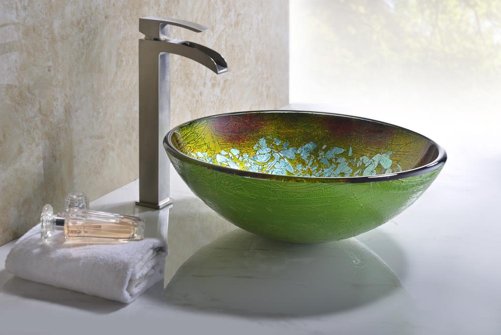 ANZZI Tara Deco-Glass Vessel Sink in Glacial Blaze, Round 16.5 in. x 5.7 in. with Drain
