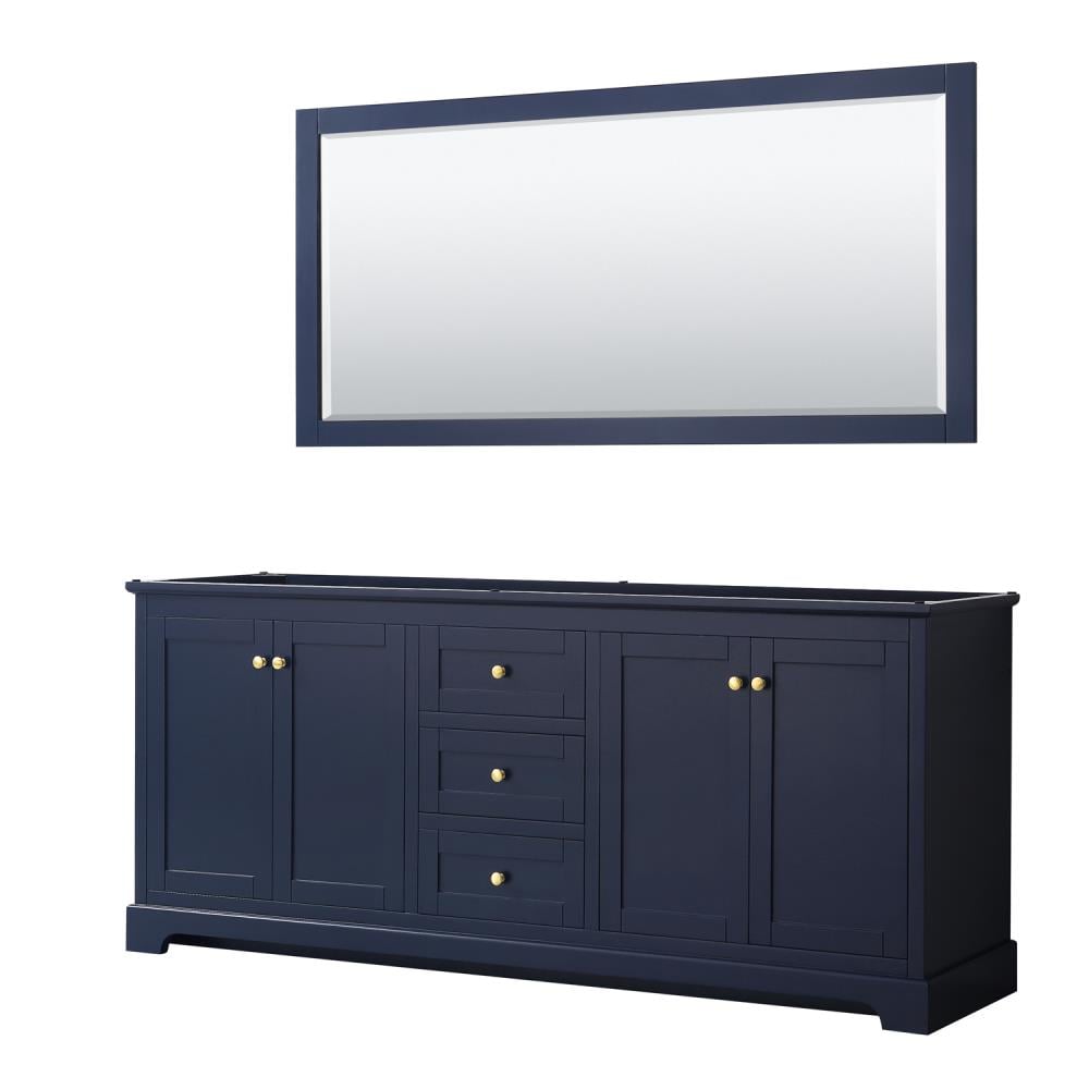 Wyndham Collection Avery 79-in Dark Blue Bathroom Vanity Cabinet with 70-in Mirror, Brushed Gold Hardware