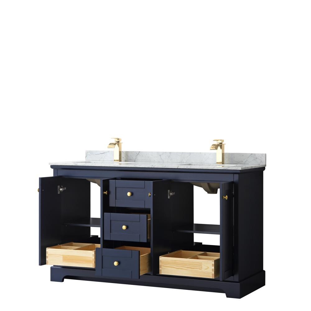Wyndham Collection Avery 60-in Dark Blue Double Sink Bathroom Vanity with White Carrara Marble Top, Brushed Gold Hardware