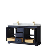 Wyndham Collection Avery 60-in Dark Blue Double Sink Bathroom Vanity with White Carrara Marble Top, Brushed Gold Hardware