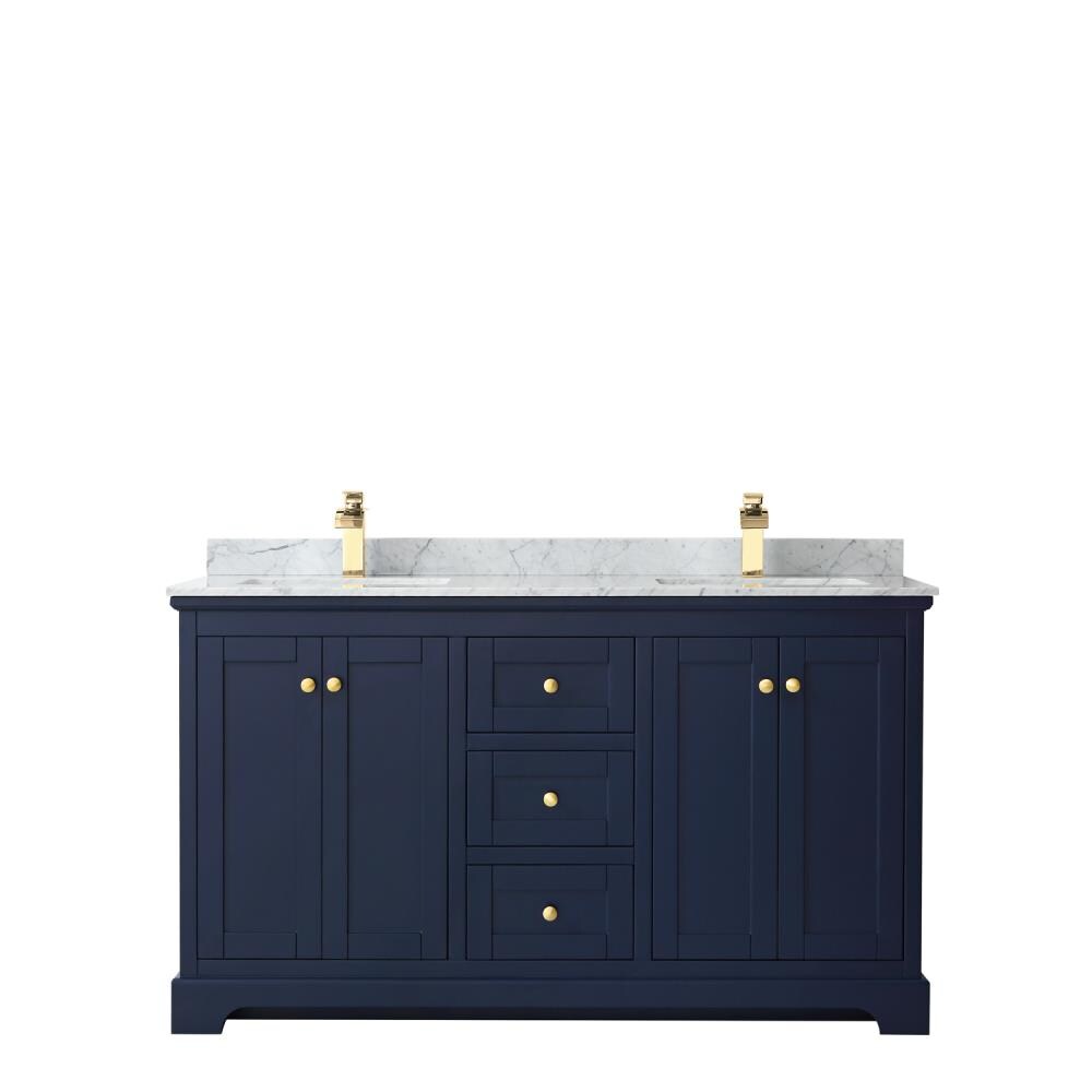 Wyndham Collection Avery 60-in Dark Blue Double Sink Bathroom Vanity with White Carrara Marble Top, Brushed Gold Hardware