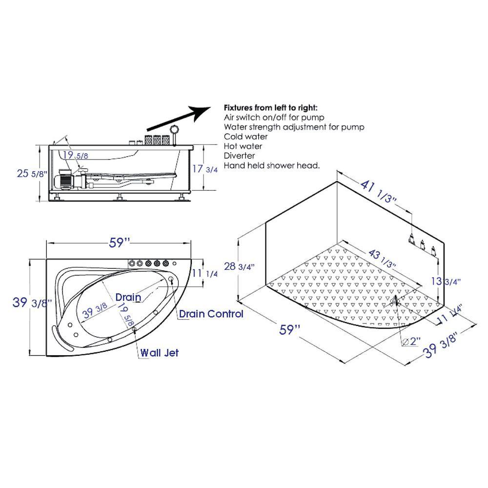 59 in. Acrylic Right Drain Corner Apron Front Whirlpool Bathtub in White - Super Arbor