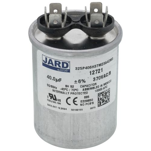 Jard 12721 capacitor - front view (Voltage: 370V; MFD: 40)