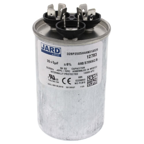 Jard 12783 capacitor - front view (Voltage: 440/370V; MFD: 35/5)