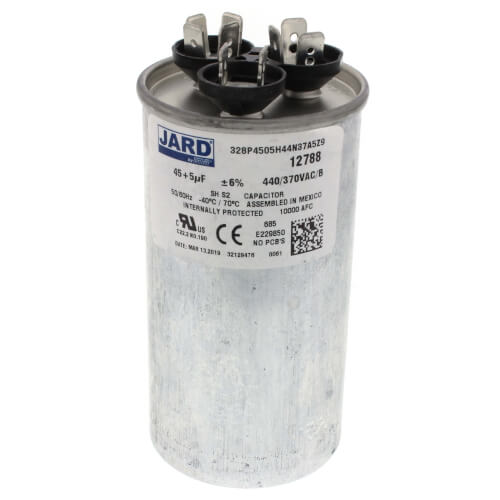Jard 12788 capacitor - front view (Voltage: 440/370V; MFD: 45/5)