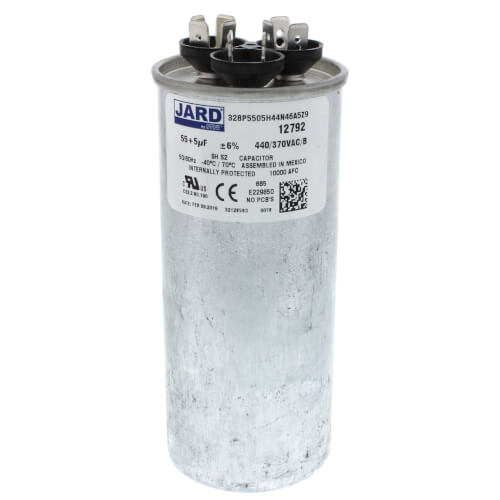 Jard 12792 capacitor - front view (Voltage: 440/370V; MFD: 55/5)