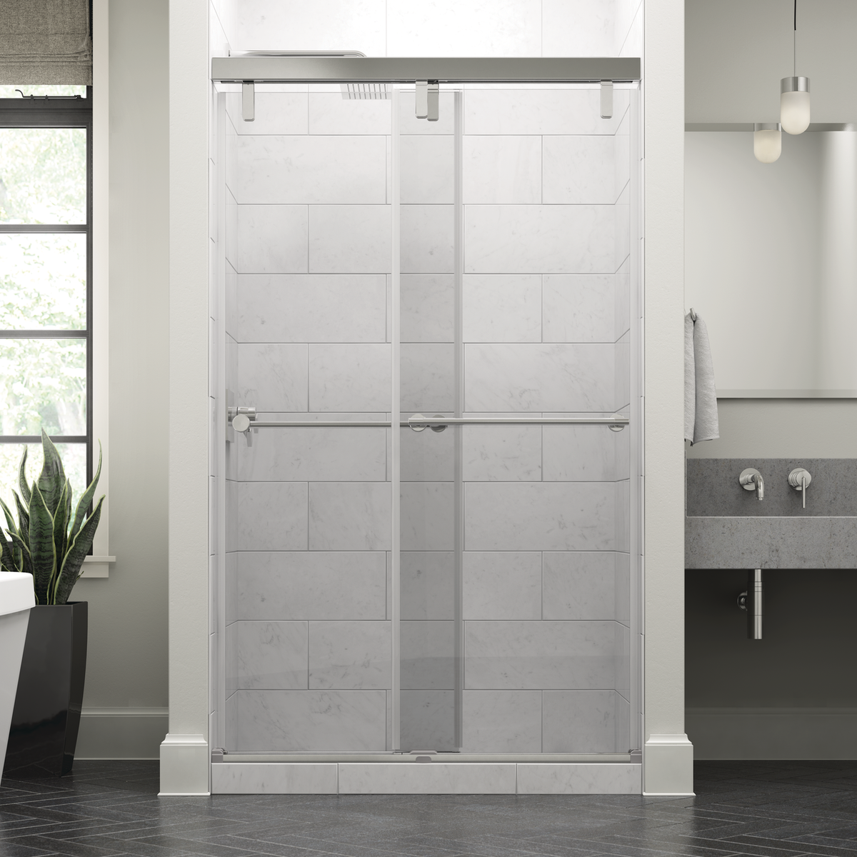 Delta 60 in. x 71-1/2 in. Mod Soft-Close Frameless Sliding Bathtub Door, Nickel, 3/8 in. Clear Glass, Lyndall Handles