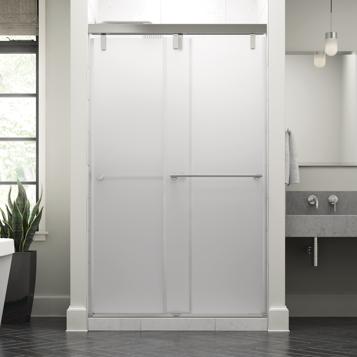 Delta 60 in. x 71-1/2 in. Mod Soft-Close Frameless Sliding Bathtub Door, Nickel, 3/8 in. Clear Glass, Lyndall Handles