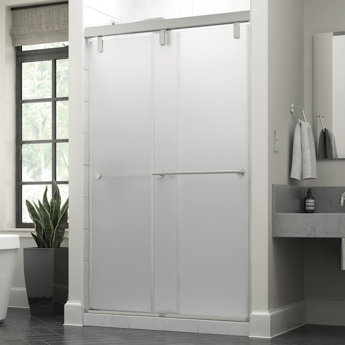 Delta 60 in. x 71-1/2 in. Mod Soft-Close Frameless Sliding Bathtub Door, Nickel, 3/8 in. Clear Glass, Lyndall Handles