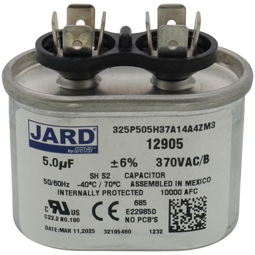 Jard 12905 capacitor - front view (Voltage: 370V; MFD: 5)