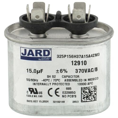 Jard 12910 capacitor - front view (Voltage: 370V; MFD: 15)