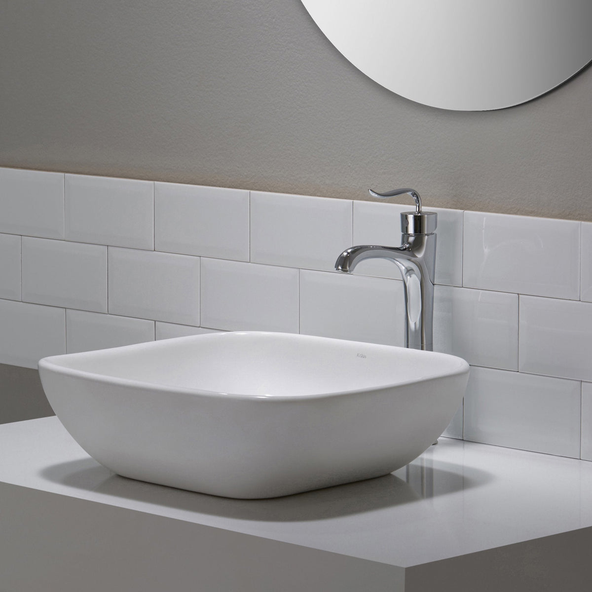 KRAUS Elavo Soft Square Ceramic Vessel Bathroom Sink in White, 18.1 x 16.1 x 5.5 in