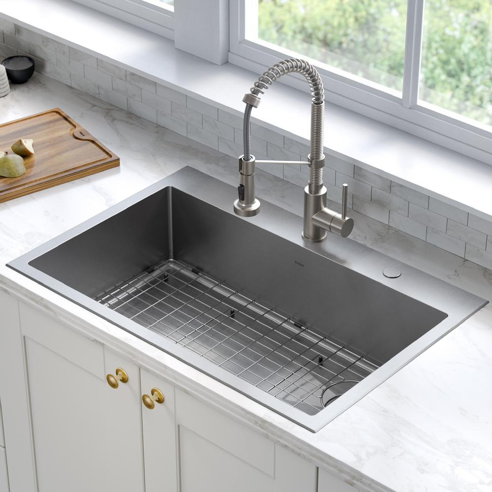 Loften All-in-One Dual Mount Stainless Steel 33in. Single Bowl Kitchen Sink with Pull Down Faucet in Spot Free Stainless - Super Arbor