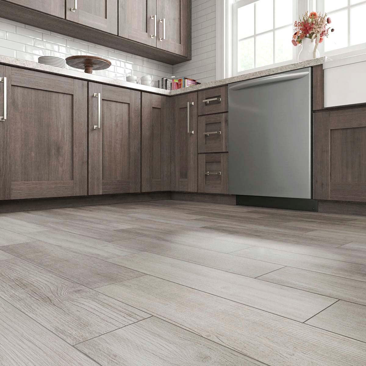 Style Selections Woods Vintage Gray 6-in x 24-in Porcelain Wood Look Floor Tile (Common: 6-in x 24-in; Actual: 5.84-in x 23.5-in)