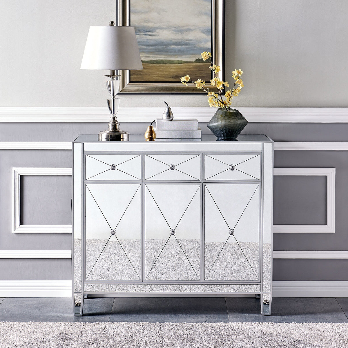 Boston Loft Furnishings Baling Mirrored with Matte Silver Trim 3-Drawer Accent Chest