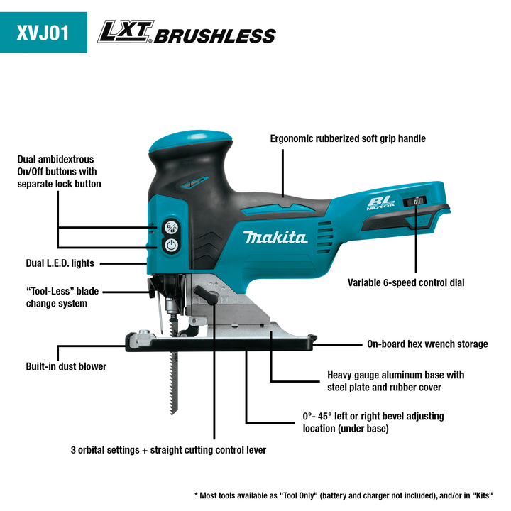 Makita 18V LXT Lithium‑Ion Brushless Cordless Barrel Grip Jig Saw, Tool‑Only (XVJ01Z)