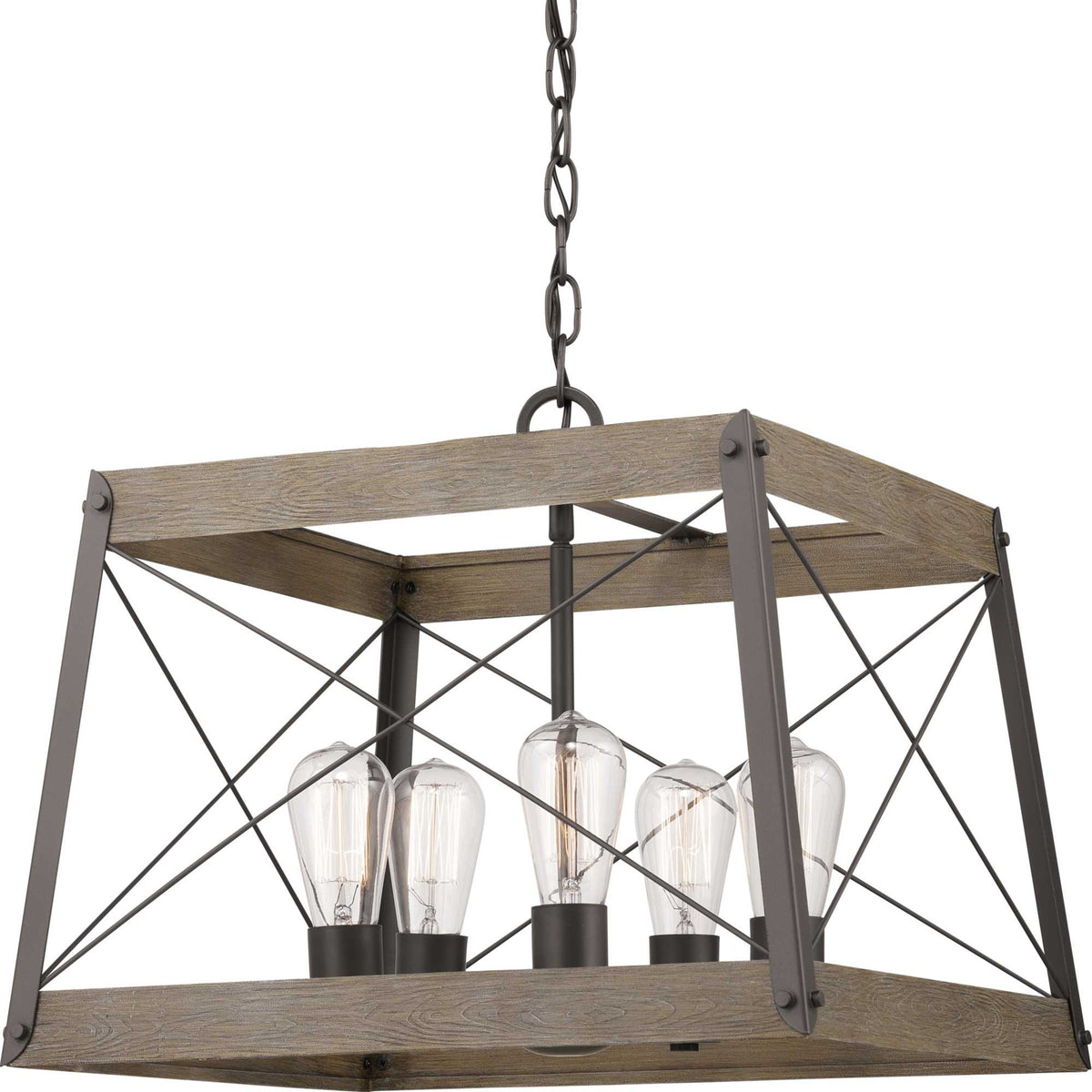Progress Lighting Bradberry 5-Light Weathered Oak and Graphite Farmhouse Lantern Medium Hanging Pendant Light