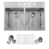 Drop-in Stainless Steel 33 in. 4-Hole Double Bowl 50/50 Kitchen Sink Kit in Satin