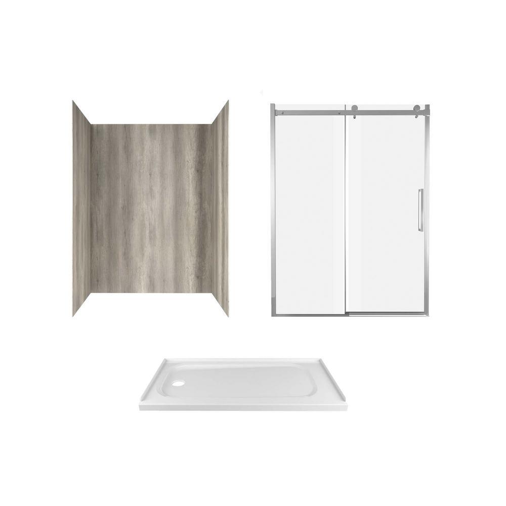 Passage 60 in. x 72 in. 3-Piece Glue-Up Alcove Shower Wall, Door and Base Kit with Left Hand Drain in Serene Marble - Super Arbor