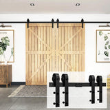9 ft./108 in. Black Steel Sliding Barn Door Track and Hardware Kit for Double Doors with Floor Guide - Super Arbor