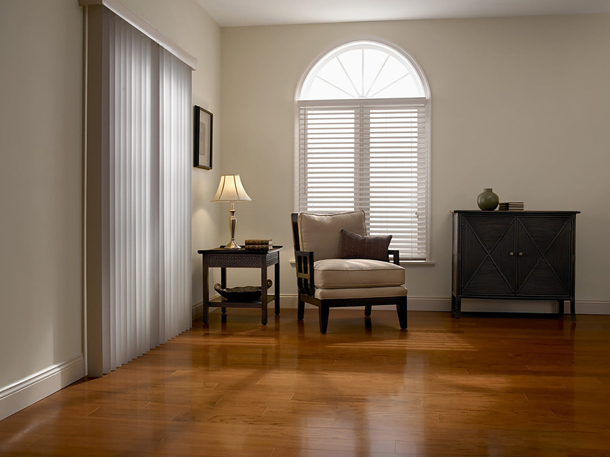 Project Source Room Darkening Vertical Blinds, Cordless, White Vinyl, 3.5-in Slats, 66-in W x 84-in L