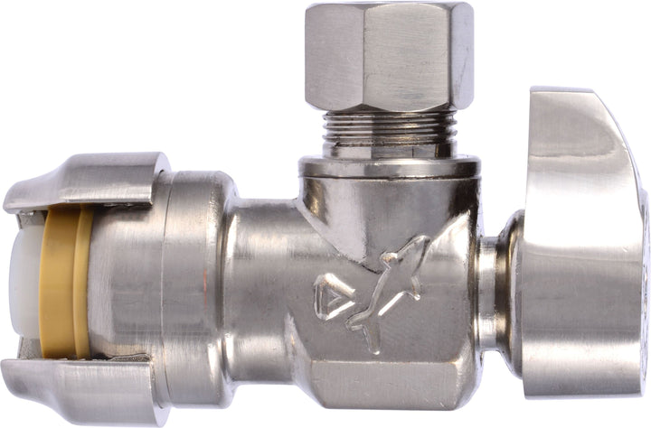 SharkBite Brass 1/2-in Push-to-Connect x 3/8-in Compression Quarter-Turn Angle Stop Valve, Brushed Nickel