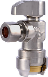 SharkBite Brass 1/2-in Push-to-Connect x 3/8-in Compression Quarter-Turn Angle Stop Valve, Brushed Nickel