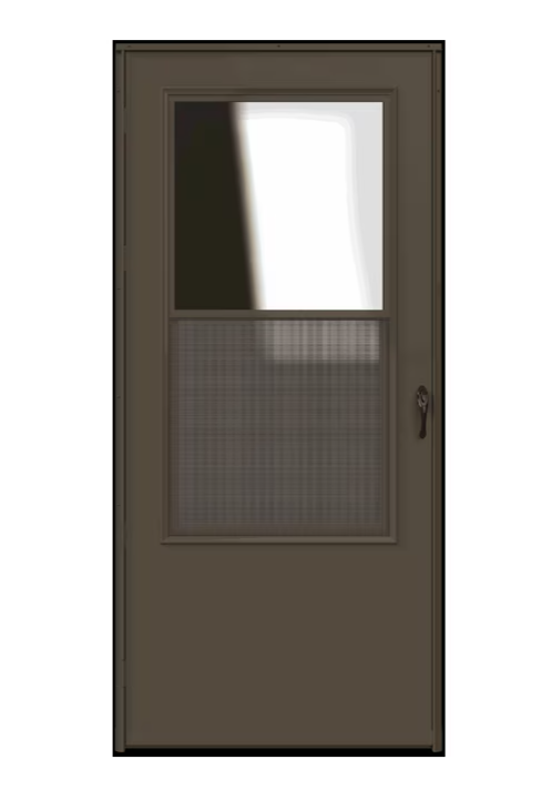 LARSON Bismarck 30-in x 81-in Brown Mid-view Self-storing Wood Core Storm Door with Matte Black Handle