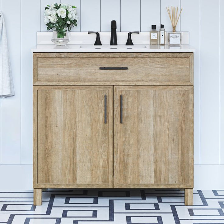 Style Selections Dolton 36-in Natural Oak Undermount Single Sink Bathroom Vanity with White Engineered Stone Top