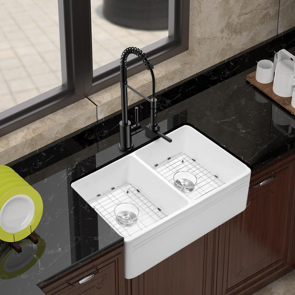 Fireclay 33 in. 50/50 Double Bowl Farmhouse/ Apron-Front Porcelain Ceramic Kitchen Sink in White - Super Arbor