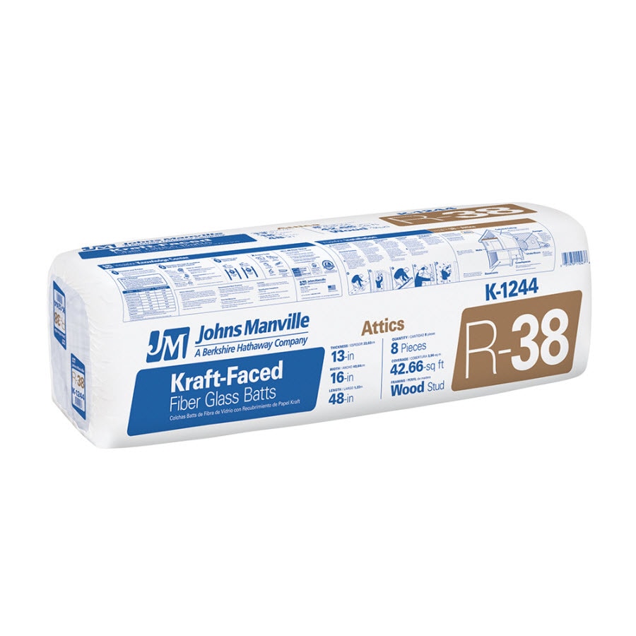 Johns Manville R-38 Kraft/FSK Faced Fiberglass Batt Insulation, 16 in x 48 in, 42.66 sq ft (K1244)