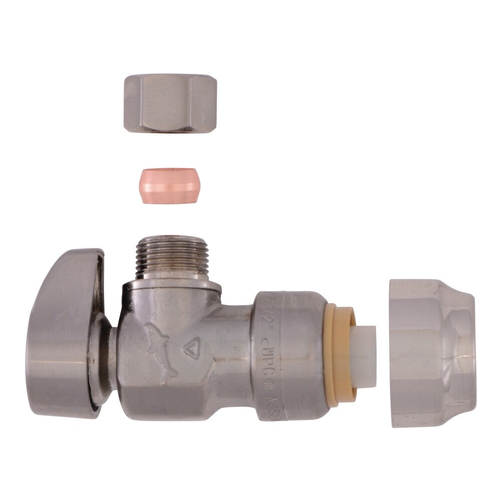 SharkBite Brass 1/2-in Push-to-Connect x 3/8-in Compression Quarter-Turn Angle Stop Valve, Brushed Nickel