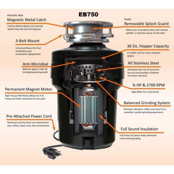 Everbilt 3/4 HP Continuous Feed Garbage Disposal with Stainless Steel Sink Flange and Attached Power Cord