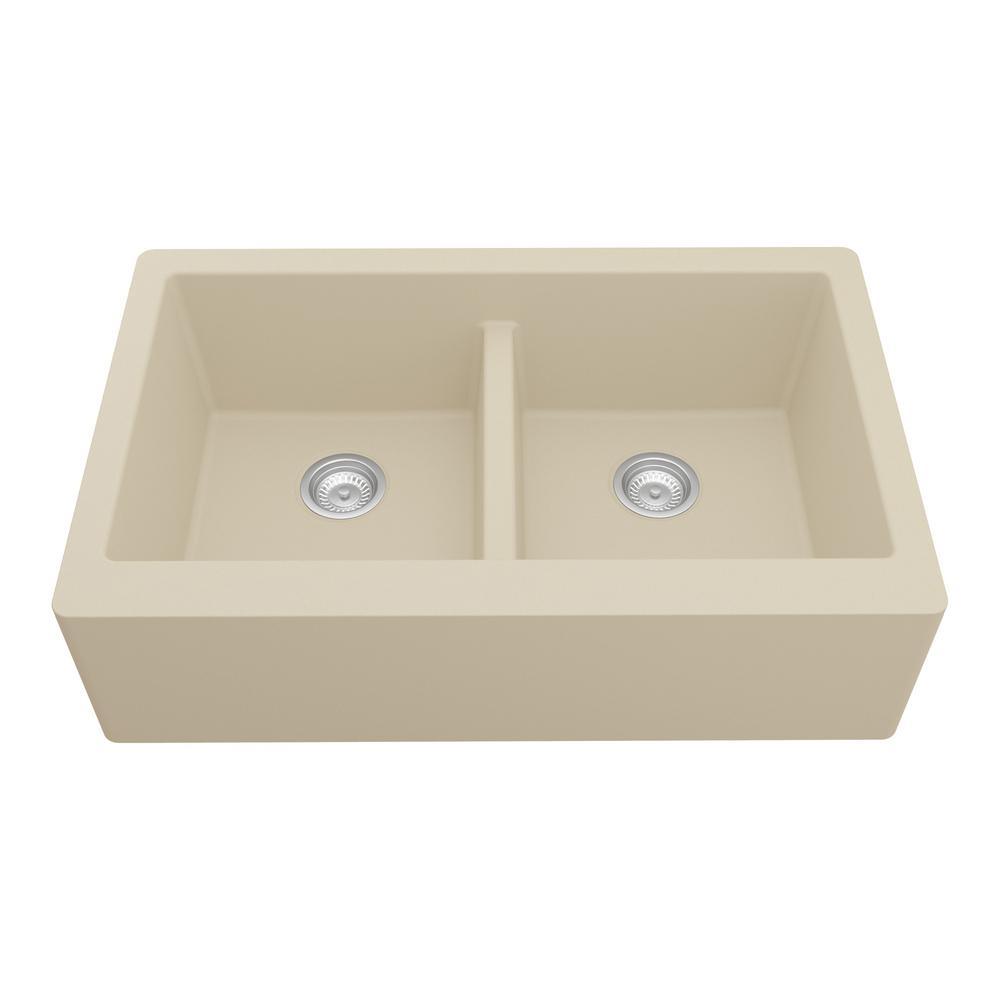 Farmhouse Apron Front Quartz Composite 34 in. Double Bowl Kitchen Sink in Black - Super Arbor