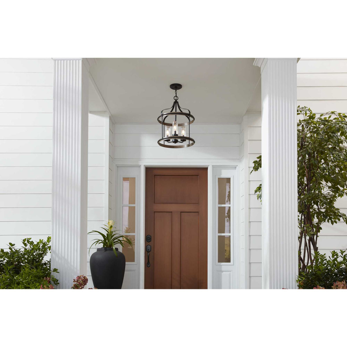 Progress Lighting Brenham 3-Light Matte Black Farmhouse Seeded Glass Cylinder Medium Indoor/Outdoor Hanging Pendant Light