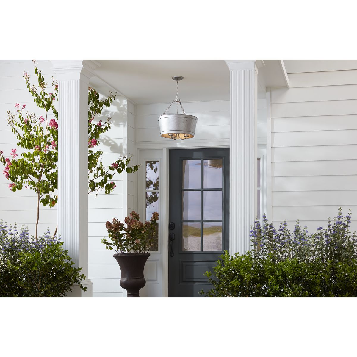 Progress Lighting Galveston 3-Light Galvanized Farmhouse Seeded Glass Cylinder Medium Hanging Pendant Light