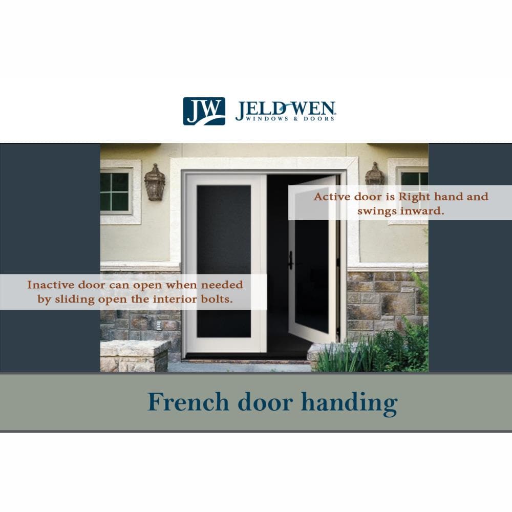JELD-WEN 60-in x 80-in 4-9/16-in Low‑E Blinds-Between-the-Glass Primed Fiberglass French Right-Hand Inswing Double Patio Door, Brickmould Included
