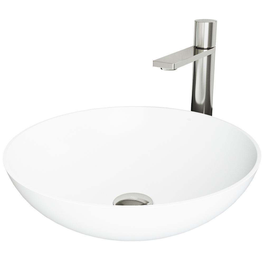 Matte Stone Round Vessel Bathroom Sink in White and Gotham Faucet in Brushed Nickel - Super Arbor