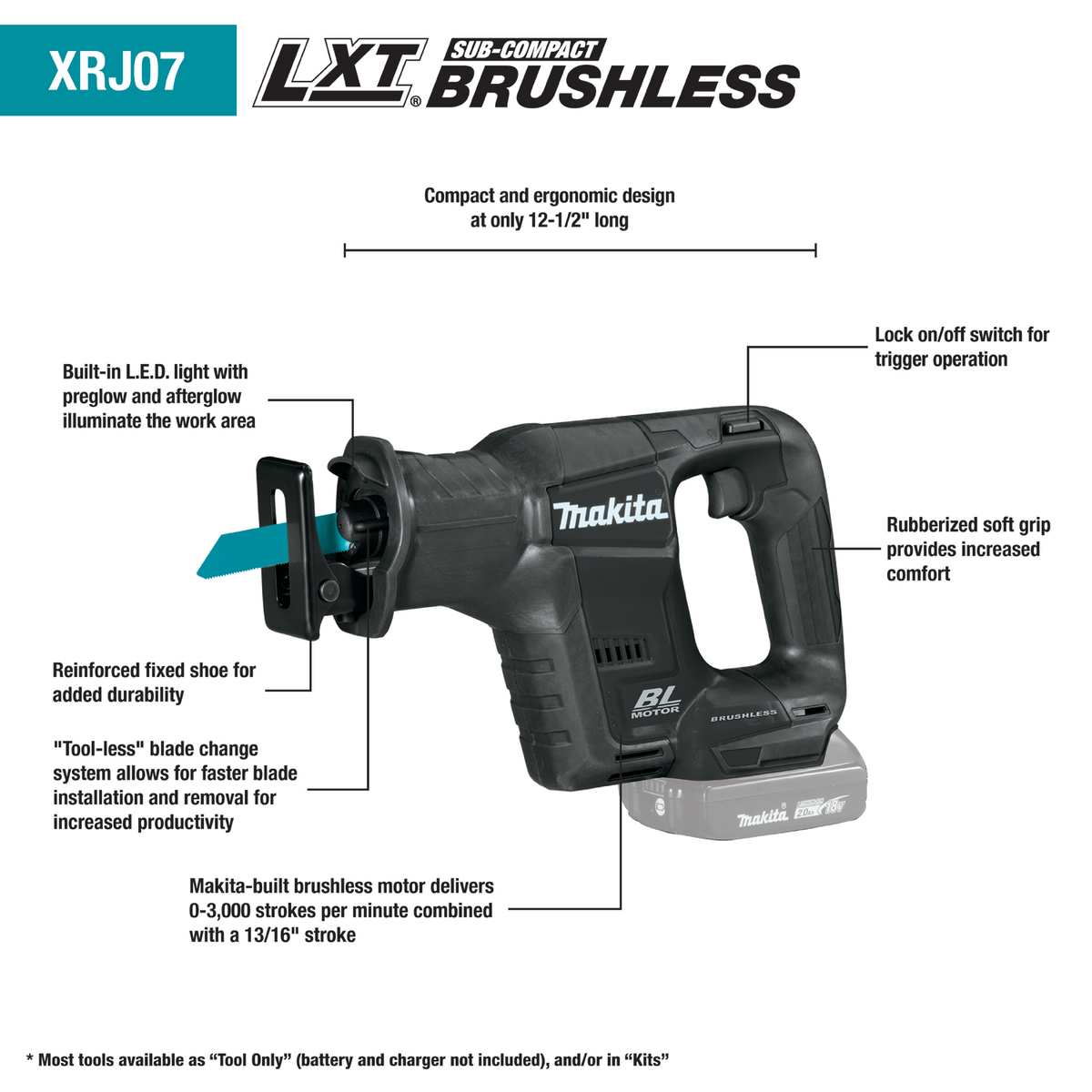 Makita 18V LXT Lithium‑Ion Sub‑Compact Brushless Cordless Reciprocating Saw, Tool‑Only (XRJ07ZB)