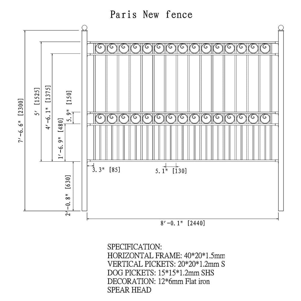 ALEKO Paris Style 5-ft H x 8-ft W Black Steel Decorative Metal Flat-top Yard Standard Fence Panel