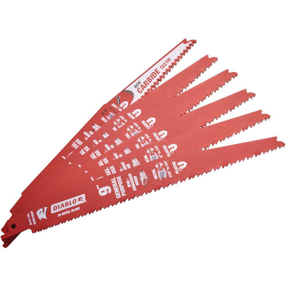 9 in. 8/14 TPI General Purpose Reciprocating Saw Blades (5-Pack) with Bonus 9 in. General Purpose Carbide Blade - Super Arbor