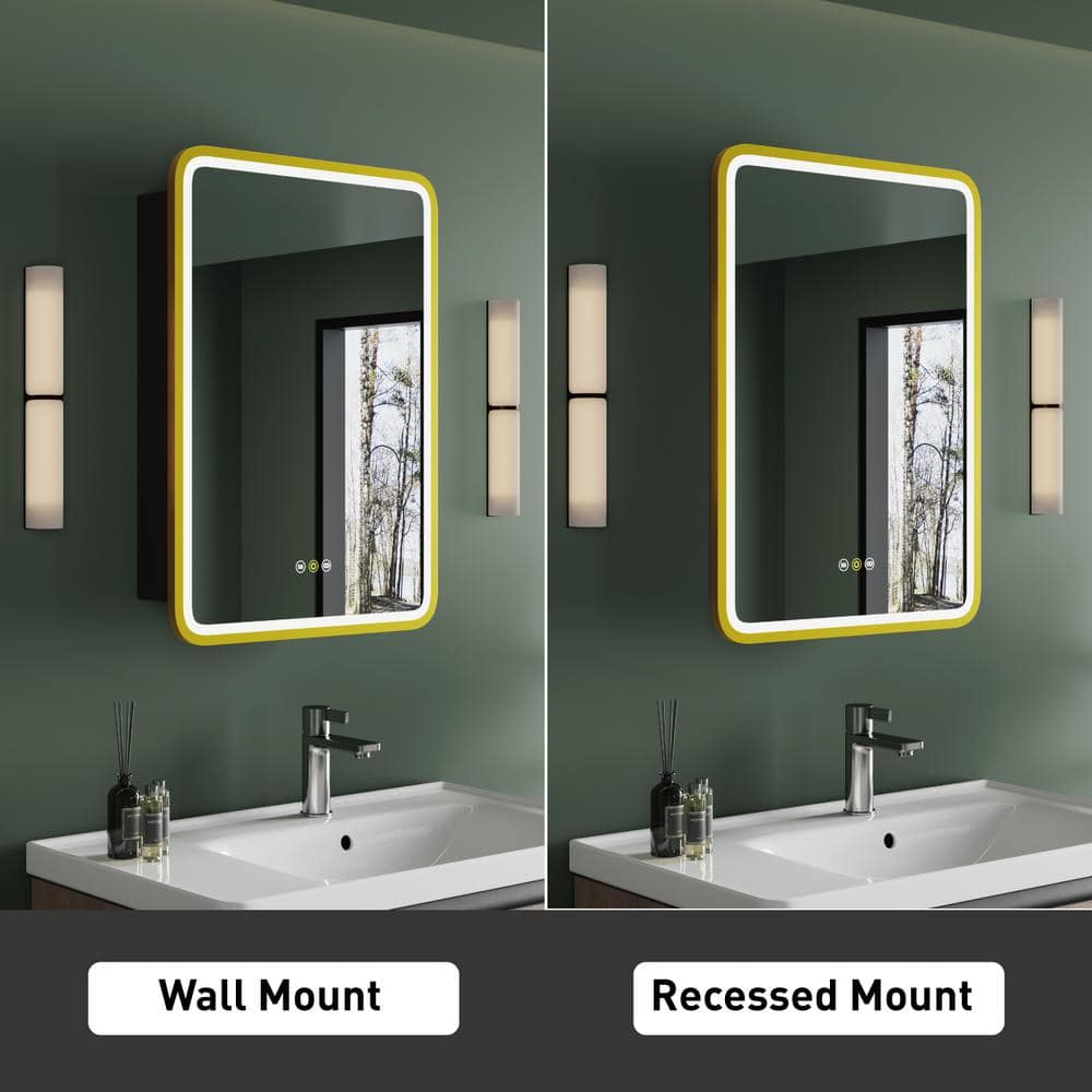 HBEZON Thalia 16 in. W x 28 in. H Rectangular Iron Black Recessed Medicine Cabinet with Mirror, LED Lighting, Anti-fog