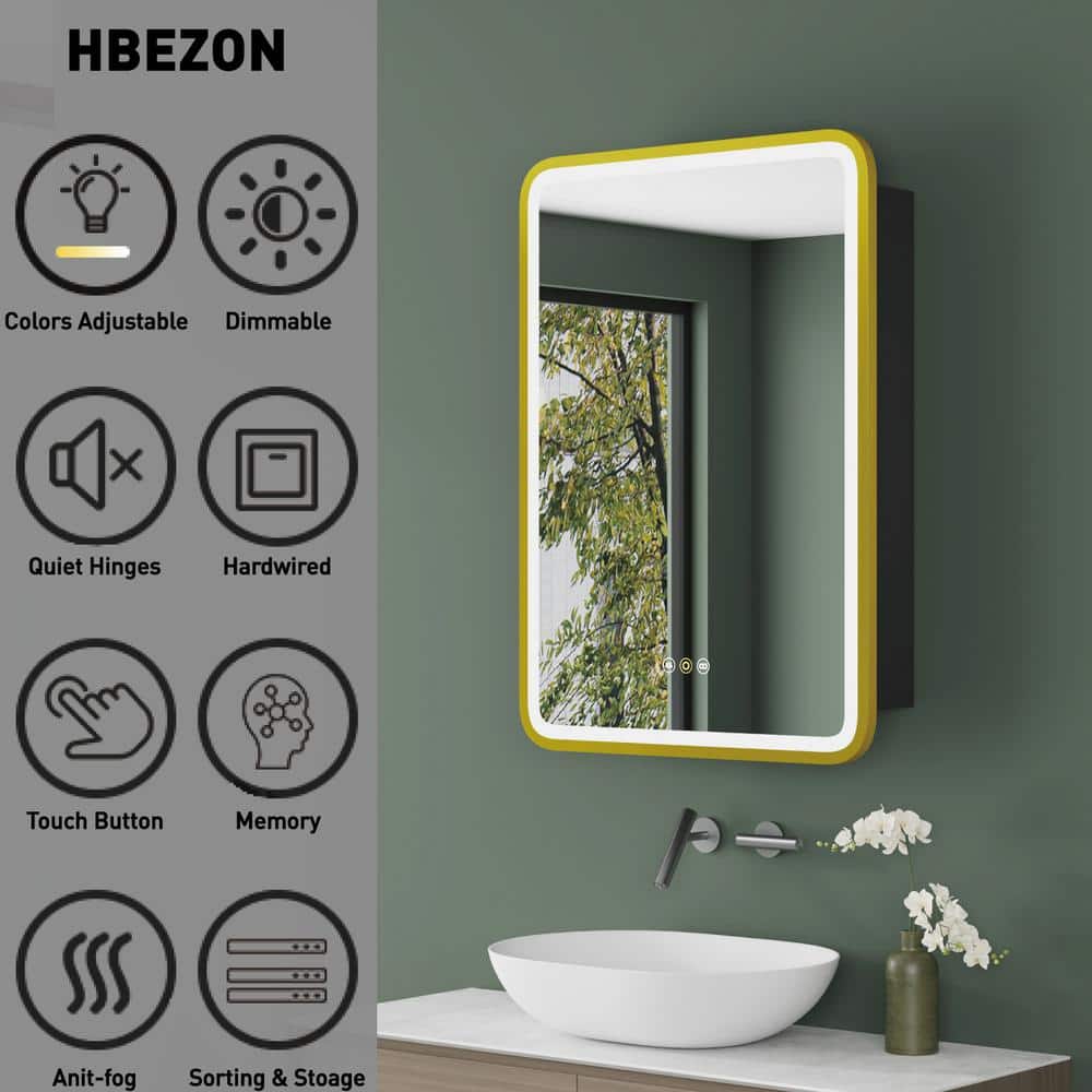 HBEZON Thalia 16 in. W x 28 in. H Rectangular Iron Black Recessed Medicine Cabinet with Mirror, LED Lighting, Anti-fog