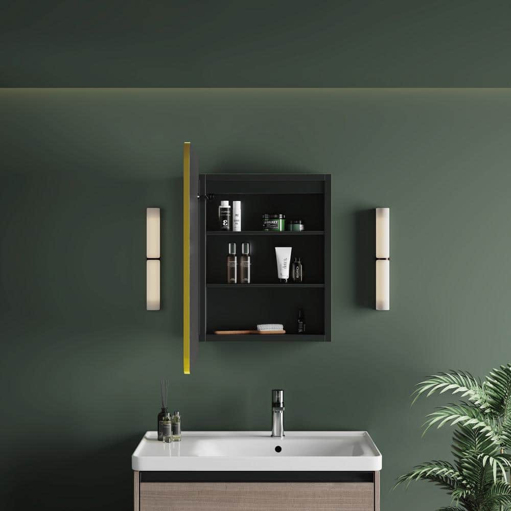 HBEZON Thalia 16 in. W x 28 in. H Rectangular Iron Black Recessed Medicine Cabinet with Mirror, LED Lighting, Anti-fog