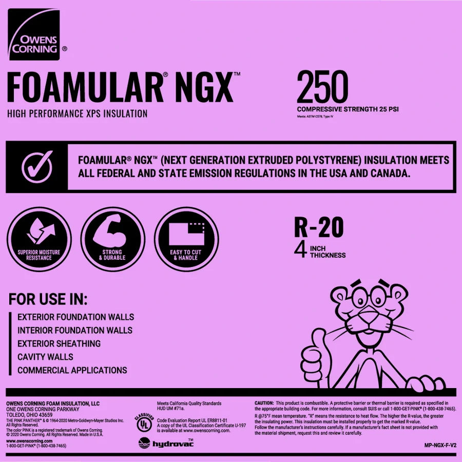 Owens Corning FOAMULAR NGX 250 XPS Rigid Foam Insulation Board 4 in. x 48 in. x 96 in. Square Edge (R-20, 32 sq ft)