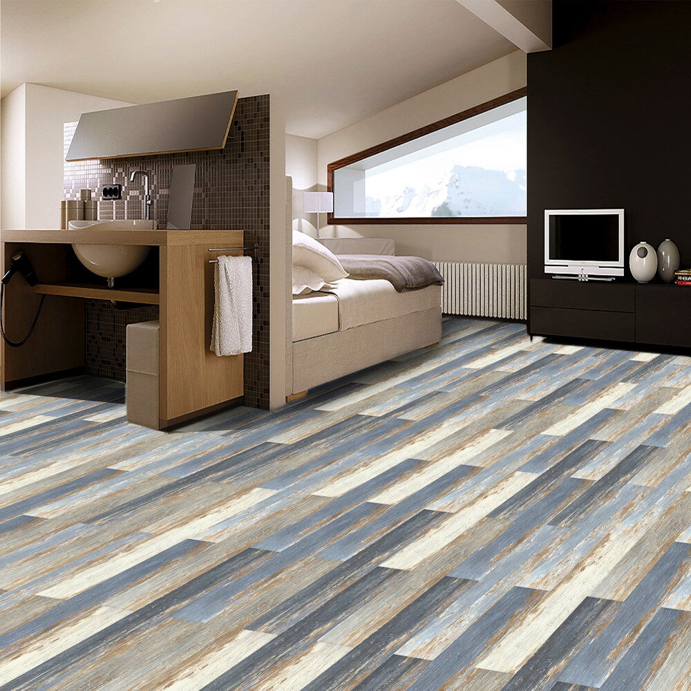 Deco Products COLORS Old Blue Sea Aged Painted Wood Luxury Vinyl Plank Sample, 6 in x 6 in, 8-mil Wear Layer