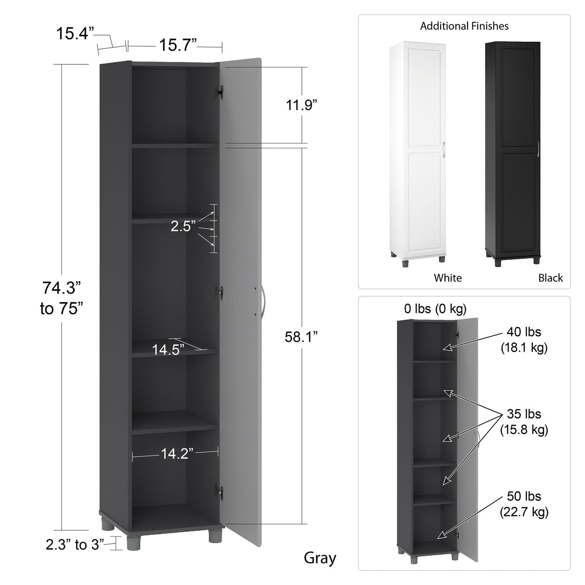 Ameriwood Home Kendall 15.68-in W x 74.31-in H x 15.37-in D Freestanding Composite Wood Garage Cabinet in White